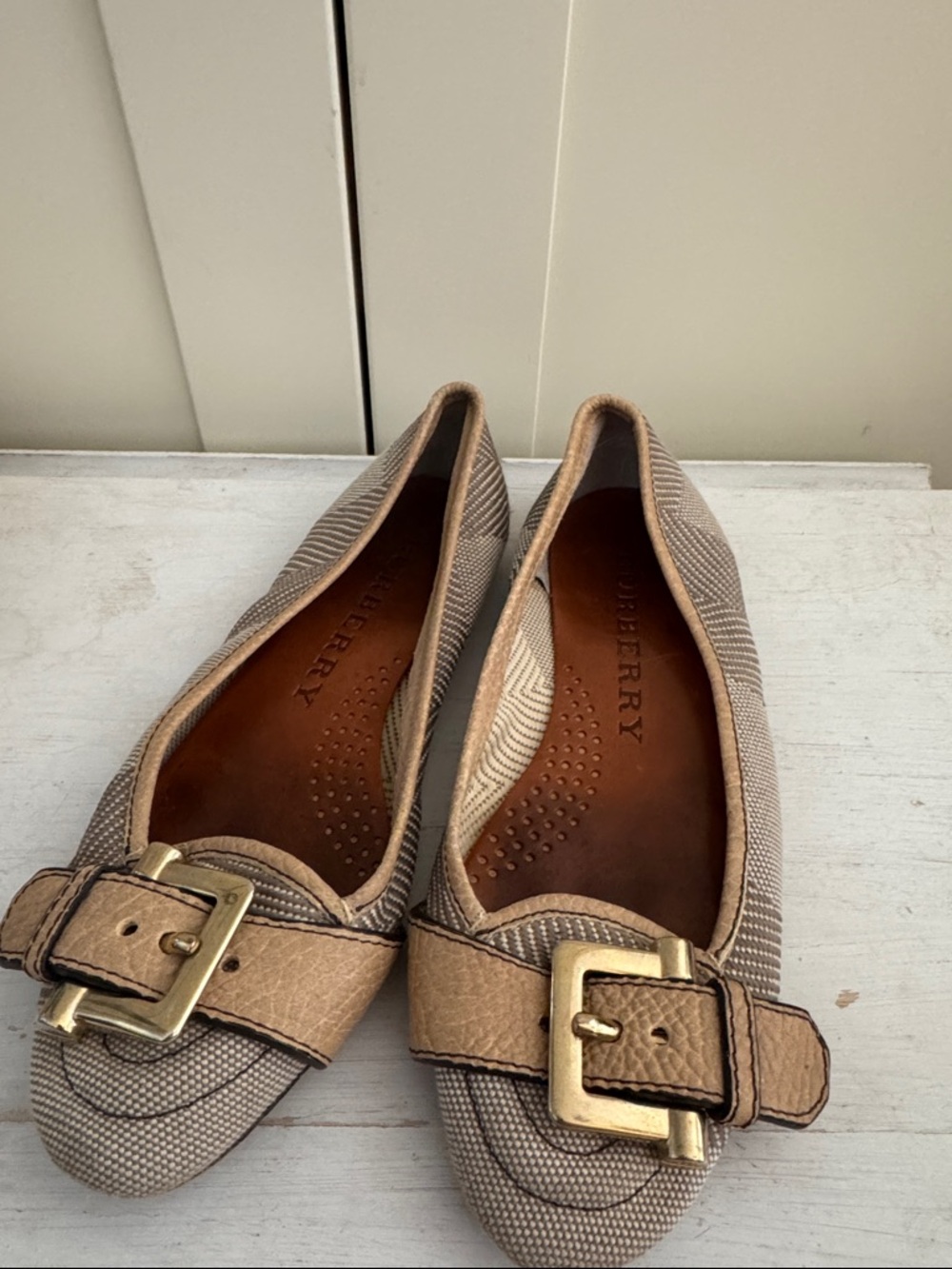 Burberry Taupe & Tan Buckled Canvas Ballet Flats